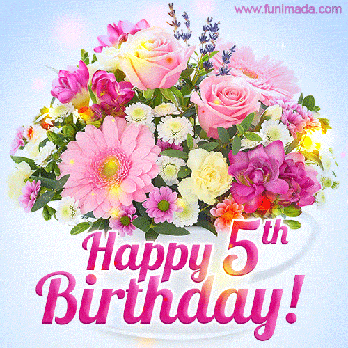 Happy 5th Birthday Greeting Card - Beautiful Flowers and Flashing Sparkles