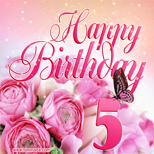Beautiful Roses & Butterflies - 5 Years Happy Birthday Card for Her