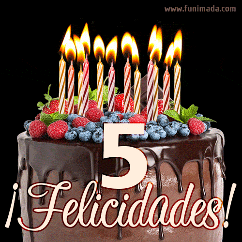 Feliz 5 cumpleaños pastel de chocolate. Imagen (GIF) con pastel y saludo.