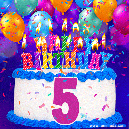 5th Birthday Cake gif: colorful candles, balloons, confetti and number 5