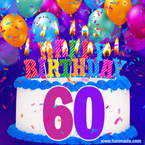 60th Birthday Cake gif: colorful candles, balloons, confetti and number 60