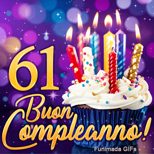 Immagine animata di Buon Compleanno 61 anni con il numero 61 d'oro, una tortina festosa e scintillii luminosi.