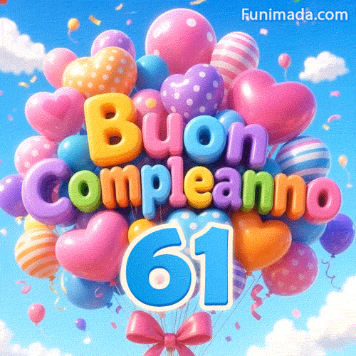 Il grande numero azzurro 61 pende sotto un insieme di palloncini animati. I palloncini 3D colorati formano Buon Compleanno in un cielo nuvoloso soleggiato.