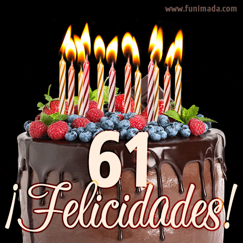 Feliz 61 cumpleaños pastel de chocolate. Imagen (GIF) con pastel y saludo.