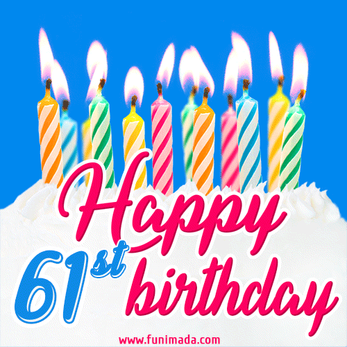 Animated Happy 61st Birthday Card with Cake and Lit Candles