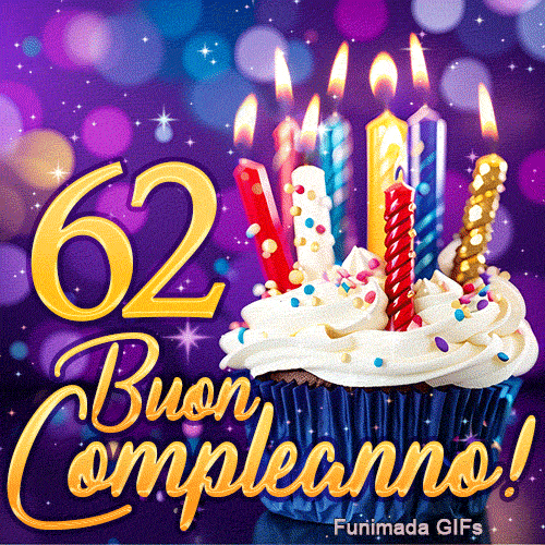GIF di compleanno 62 anni presentante un bel dolcetto con candeline risplendenti e il numero 62 in oro su sfondo viola.