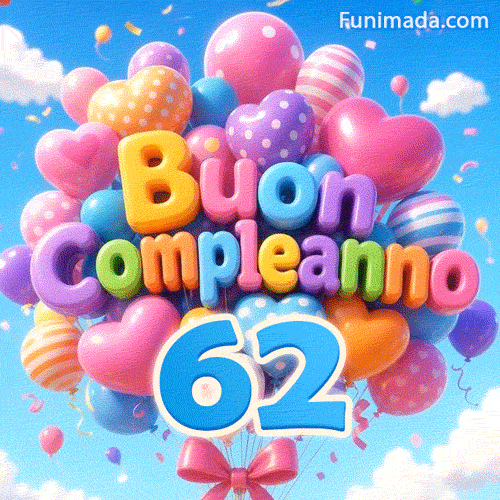 Ondeggiando nella brezza, un grande mazzo di palloncini compone le parole Buon Compleanno e ha il grande numero azzurro 62 attaccato ai nastri in basso.
