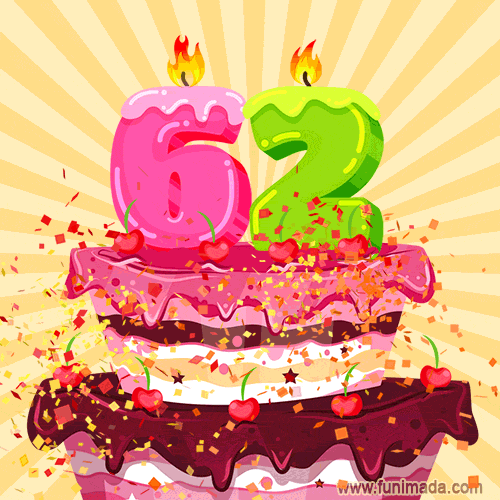 Hand Drawn 62nd Birthday Cake Greeting Card (Animated Loop GIF)