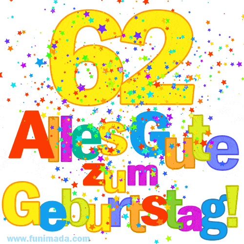 Festliches und farbenfrohes GIF-Bild zum 62. Geburtstag.