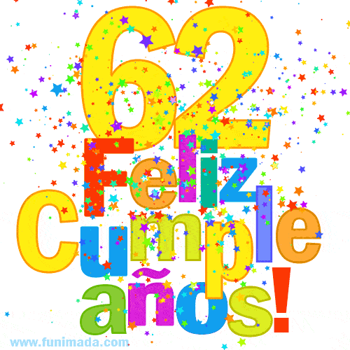 Imagen GIF festiva y colorida de feliz cumpleaños número 62