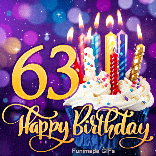 The golden digit 63 next to a cupcake with colorful sprinkles and lit candles. Happy Birthday is written in cursive gold over a blurry purple background.