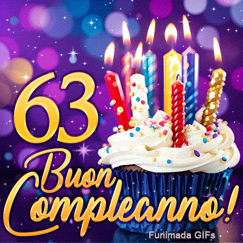Biglietto virtuale animato 63 anni: il numero 63 dorato illuminato accanto a un cupcake con candele colorate brillanti.