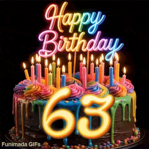 Animated GIF of a revolving colorful birthday cake with lit candles and glowing golden number 63.