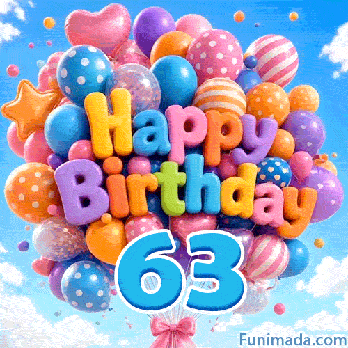 Colorful polka dot and striped balloons drifting in the air. 3D Happy Birthday text is featured right above a bright blue number 63.
