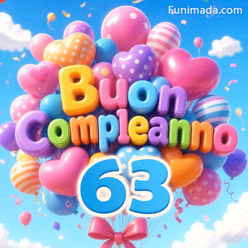 Palloncini colorati a pois e a righe derivano nell'aria. Il testo 3D Buon Compleanno figura proprio sopra il grande numero azzurro 63.