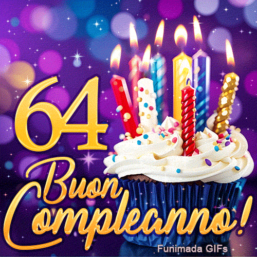 Animazione per i 64 anni con una tortina magica di candele accese e il numero 64 d'oro su scenario violetto.