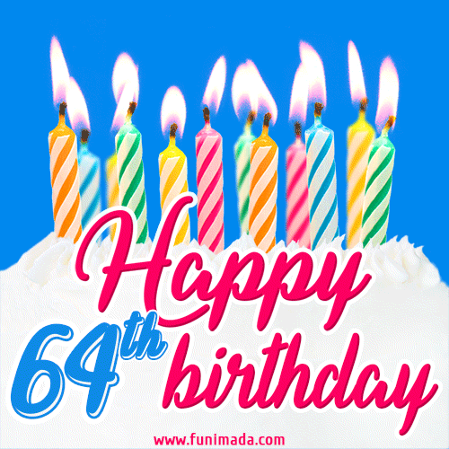 Animated Happy 64th Birthday Card with Cake and Lit Candles