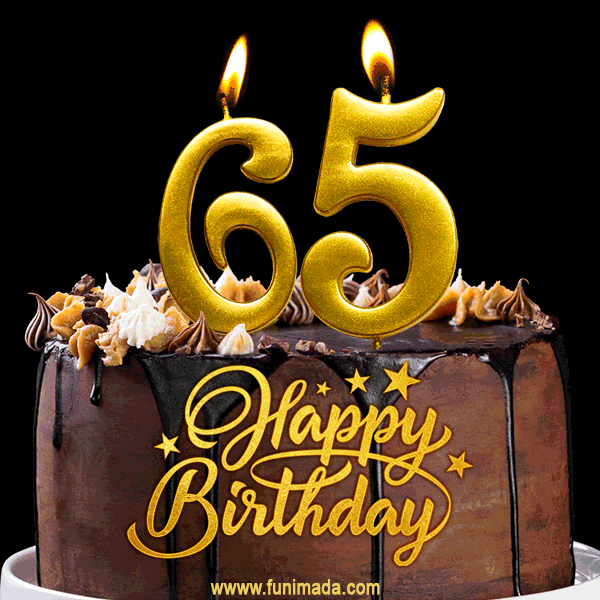 65 Birthday Chocolate Cake with Gold Glitter Number 65 Candles (GIF)