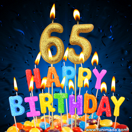 Best Happy 65th Birthday Cake with Colorful Candles GIF