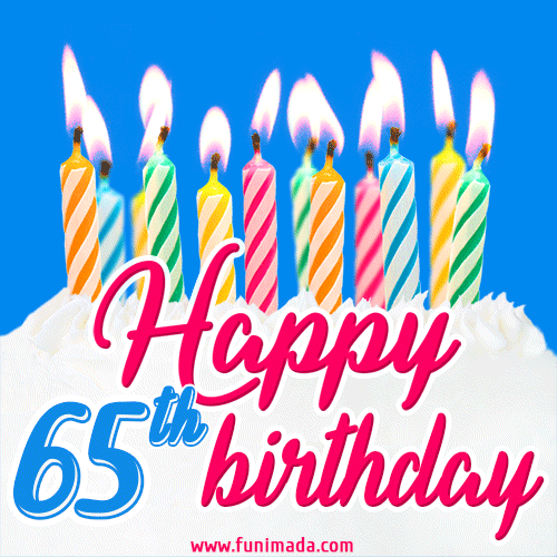 Animated Happy 65th Birthday Card with Cake and Lit Candles