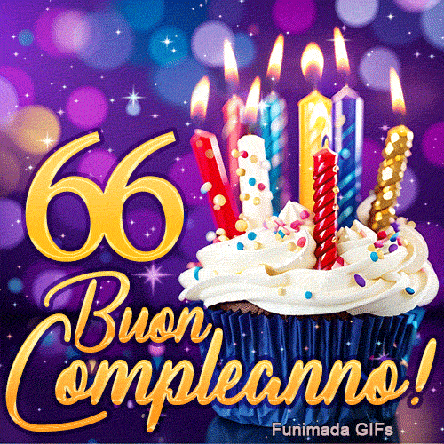 Immagine animata 66 anni con il doppio numero 66 d'oro, candeline colorate illuminate e un dolcetto su sfondo viola.