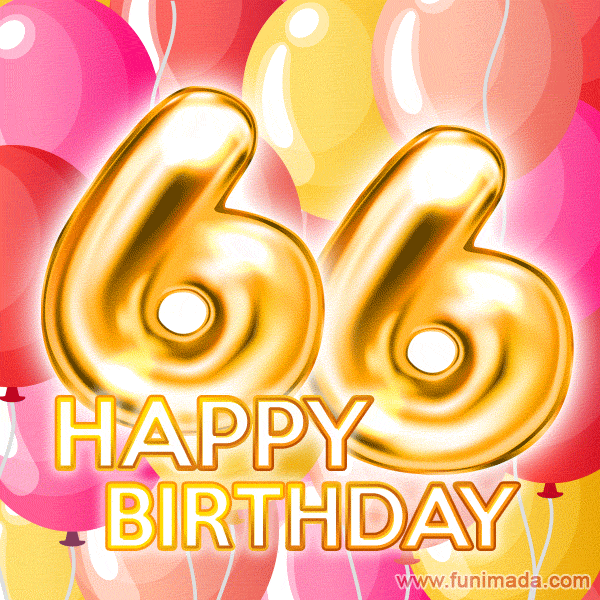 Fantastic Gold Number 66 Balloons Happy Birthday Card (Moving GIF)