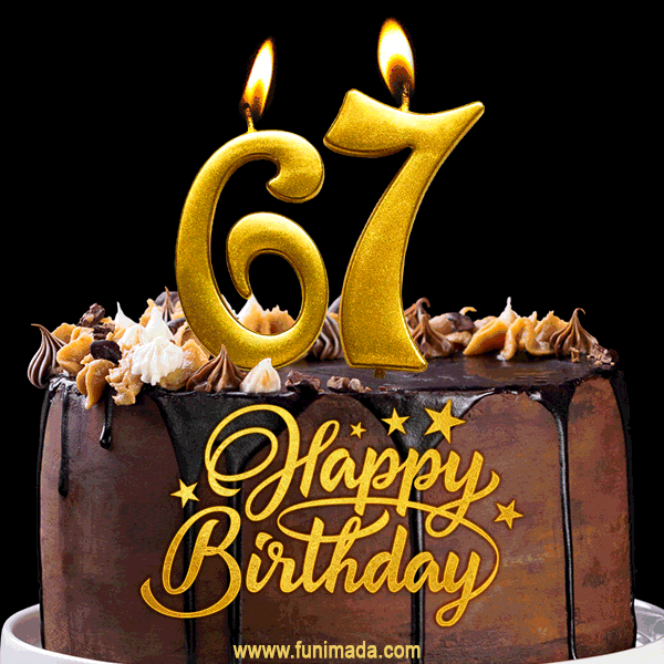 67 Birthday Chocolate Cake with Gold Glitter Number 67 Candles (GIF)
