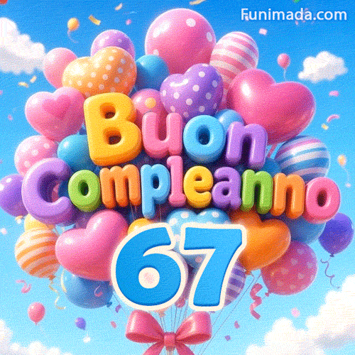Un grappolo animato di palloncini festosi che si muovono al vento. Il testo 3D Buon Compleanno riposa sopra il grande numero azzurro 67 sospeso a dei fili.