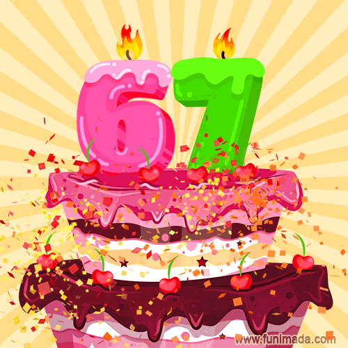Hand Drawn 67th Birthday Cake Greeting Card (Animated Loop GIF)