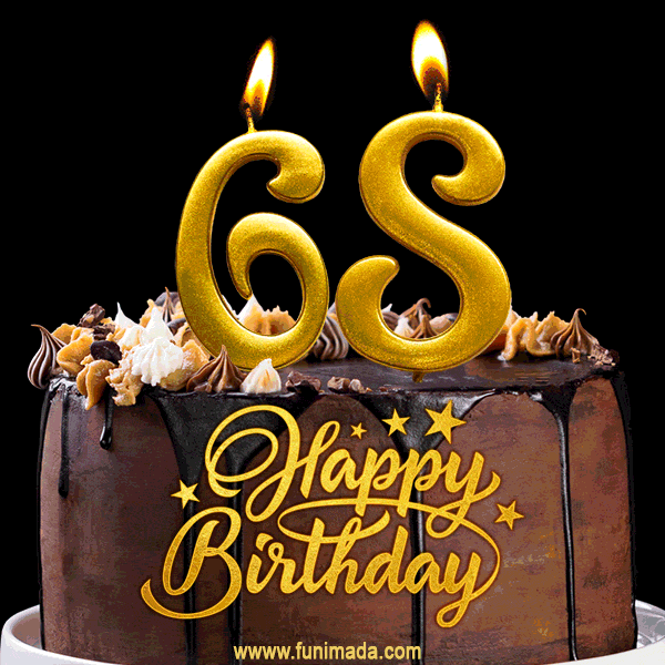 68 Birthday Chocolate Cake with Gold Glitter Number 68 Candles (GIF)