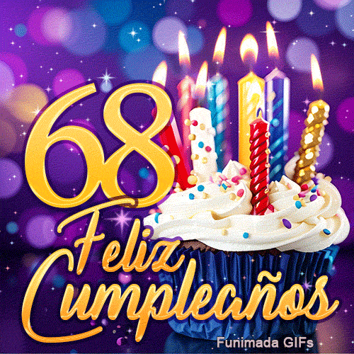 Tarjeta animada de cumpleaños 68 años con el número 68 en oro brillante y una tarta de fiesta con velas relucientes.