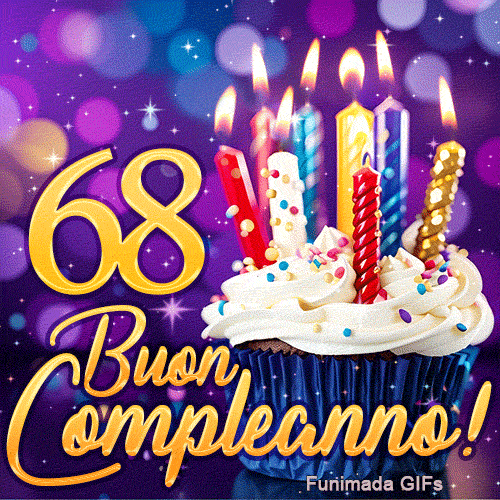 Biglietto animato di compleanno 68 anni con il numero 68 in oro brillante e una torta di festa con candele risplendenti.