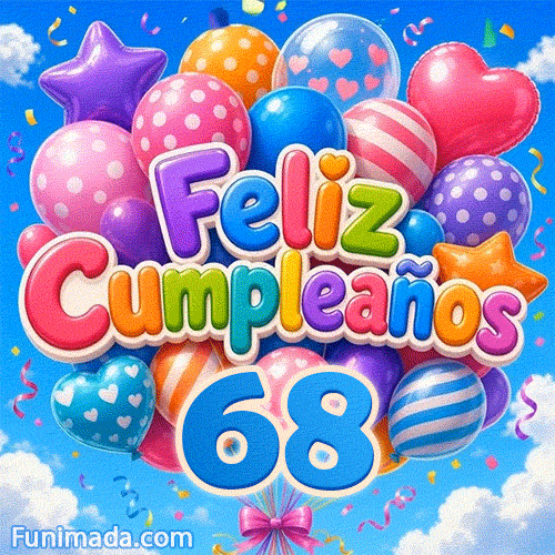 Tarjeta animada de cumpleaños 68 años con el número 68 azul brillante y globos de fiesta meciéndose suavemente.