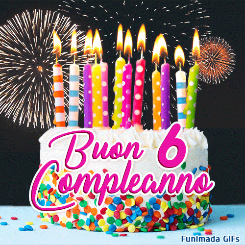 Raffigurazione GIF di buon compleanno 6 anni con una deliziosa torta bianca, coriandoli di zucchero e vivaci esplosioni di luce sullo sfondo.