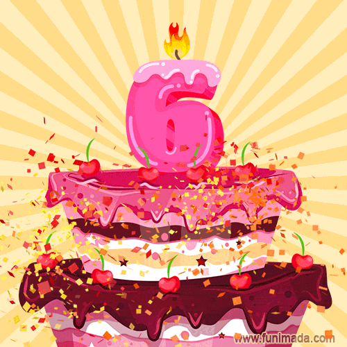 Hand Drawn 6th Birthday Cake Greeting Card (Animated Loop GIF)