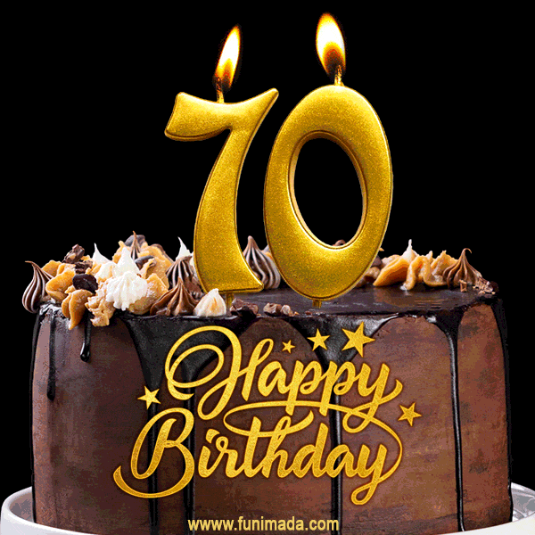 70 Birthday Chocolate Cake with Gold Glitter Number 70 Candles (GIF)
