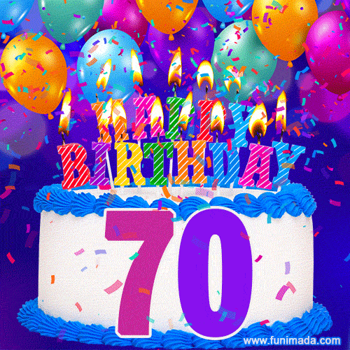 70th Birthday Cake gif: colorful candles, balloons, confetti and number 70