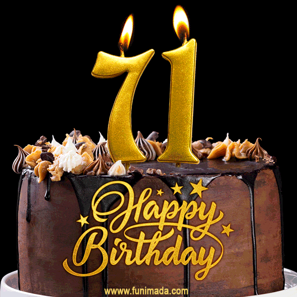 71 Birthday Chocolate Cake with Gold Glitter Number 71 Candles (GIF)