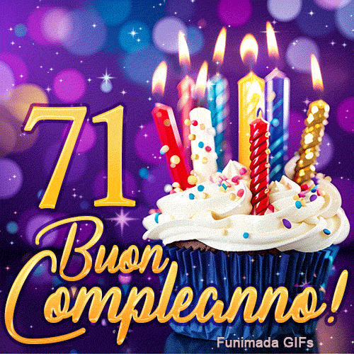 Immagine animata di compleanno 71 anni con il numero 71 in oro, un dolcetto e candeline colorate su sfondo viola.
