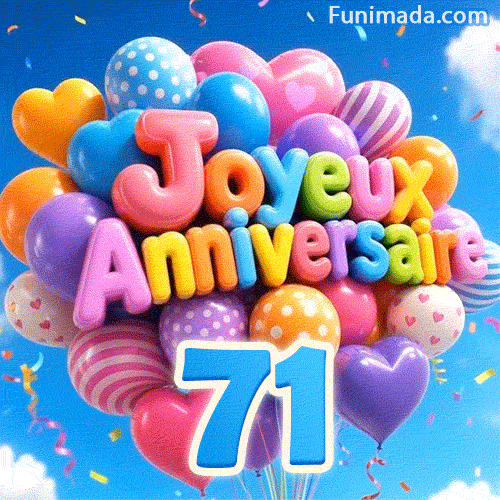 Le chiffre bleu 71 pend sous un immense groupe de ballons colorés se balançant au vent, qui épellent Joyeux Anniversaire en lettres 3D.