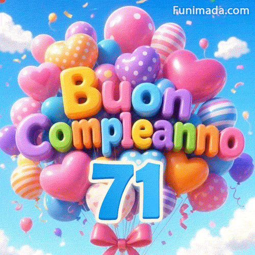 Il numero azzurro 71 pende sotto un immenso gruppo di palloncini colorati che dondolano al vento, i quali compongono Buon Compleanno in lettere 3D.