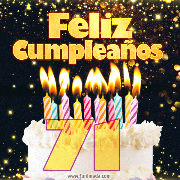 Tarjeta GIF de cumpleaños feliz de 71 años con torta y velas