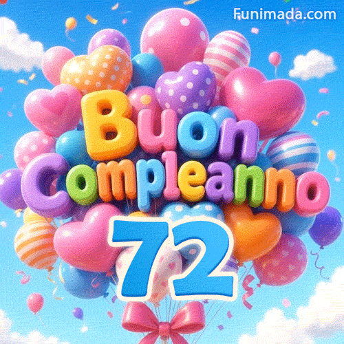 Un grappolo gioioso di palloncini che fluttuano alti nel cielo azzurro. Le lettere a palloncino morbide leggono Buon Compleanno proprio sopra il grande numero azzurro 72.