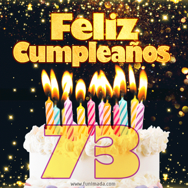Tarjeta GIF de cumpleaños feliz de 73 años con torta y velas