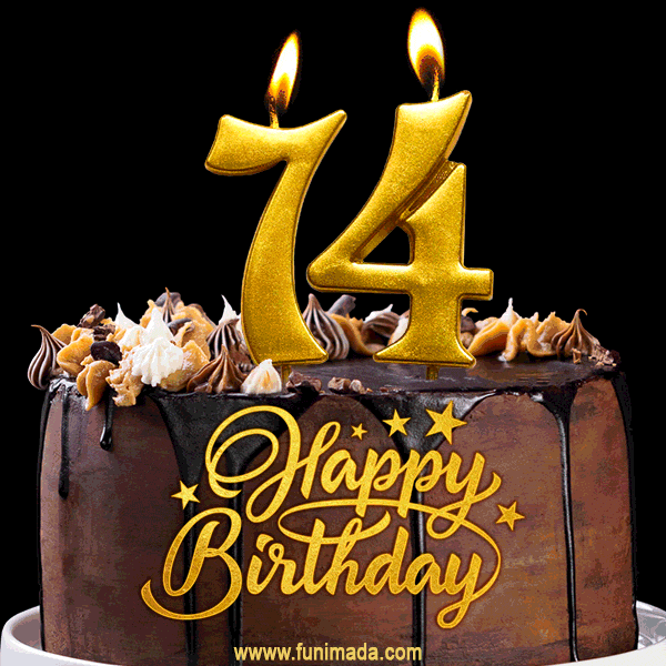 74 Birthday Chocolate Cake with Gold Glitter Number 74 Candles (GIF)