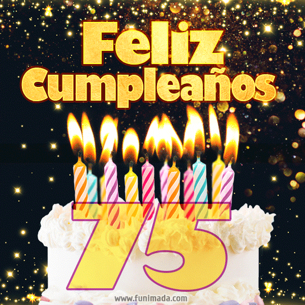 Tarjeta GIF de cumpleaños feliz de 75 años con torta y velas