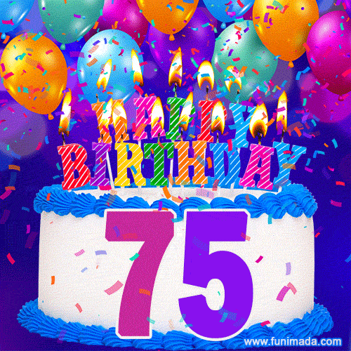 75th Birthday Cake gif: colorful candles, balloons, confetti and number 75