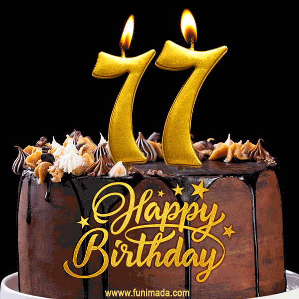 77 Birthday Chocolate Cake with Gold Glitter Number 77 Candles (GIF)