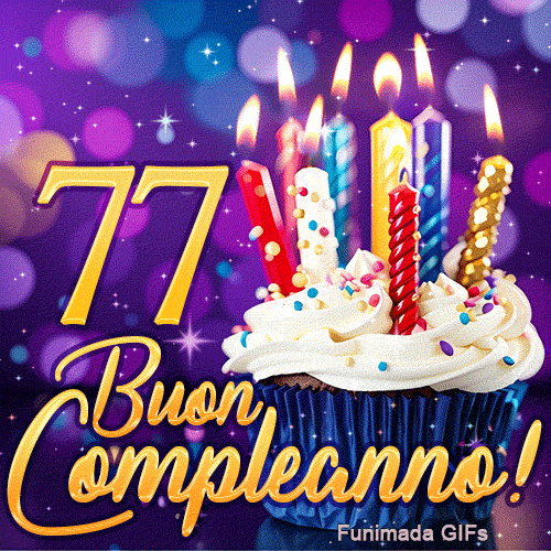 GIF di compleanno 77 anni con il doppio numero 77 in oro brillante, una torta festosa e scintillii di luce.
