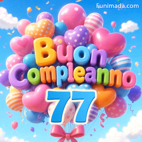 Mazzo animato di palloncini luminosi che dondolano dolcemente. Le lettere a palloncino 3D formano Buon Compleanno sopra il grande numero azzurro 77.